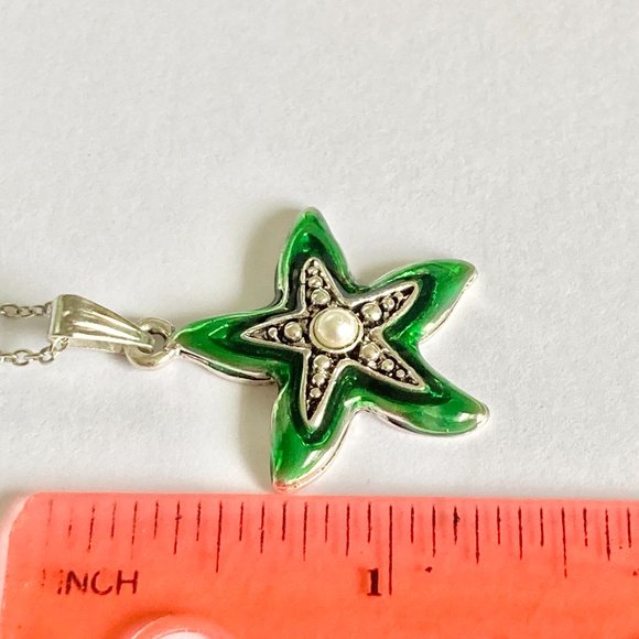 Starfish Necklace Choker Pearl Green Enamel 16-19" Chain Silver Plated Sea Life - Picture 8 of 8